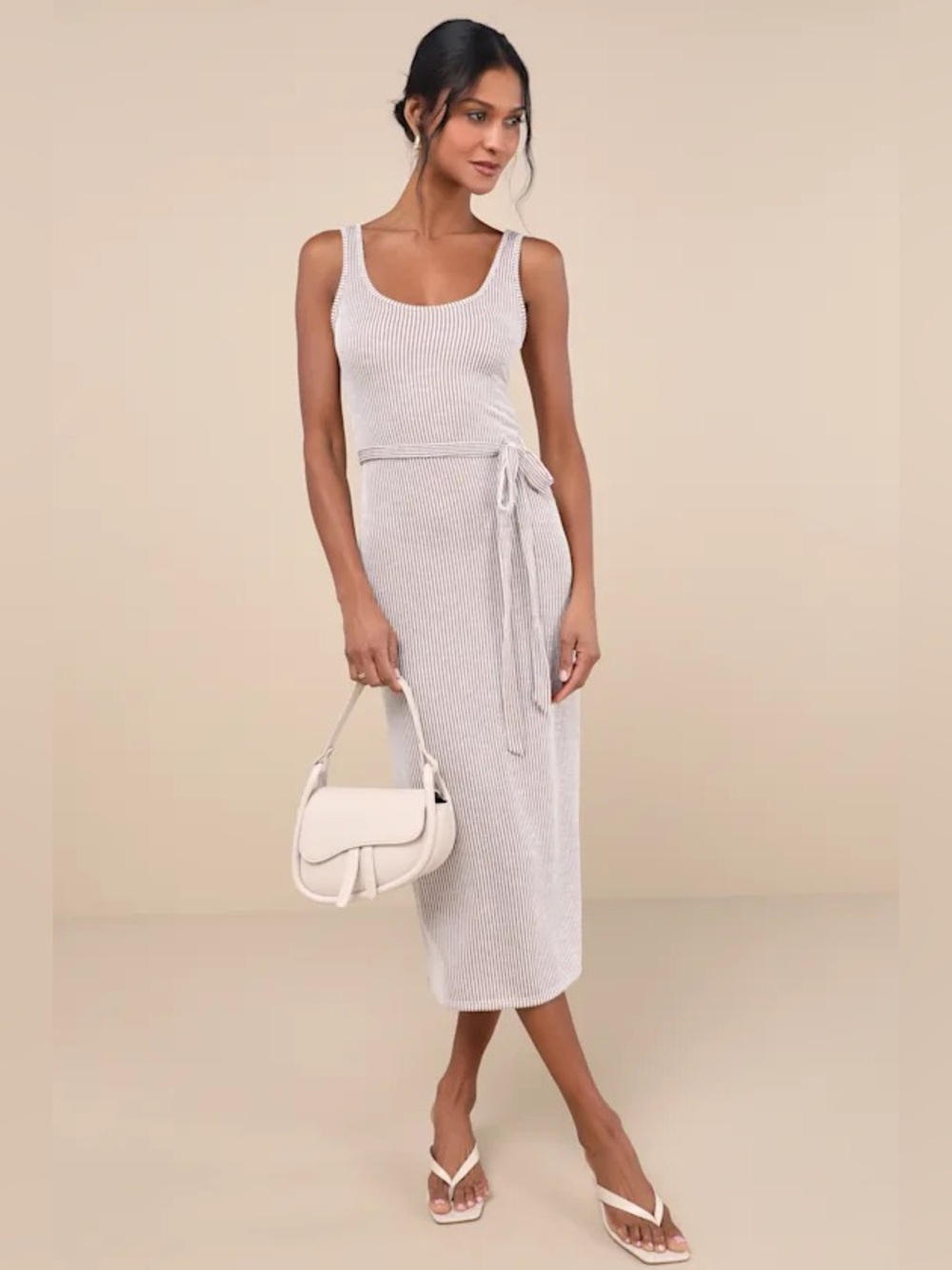 Lulus Summer Perfection Taupe and Ivory Striped Ribbed Midi Dress
